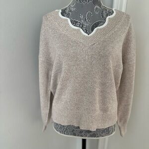 EUC Women’s Sz: S Oversized Tan Ribbon Tie Back Scalloped Collar Sweater.